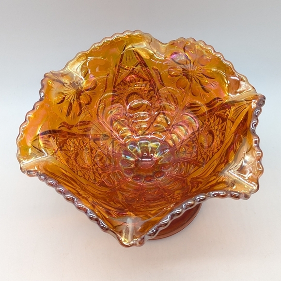 Vintage Carnival Glass Marigold Iridescent Footed Compote Fruit Bowl Dish - Picture 3 of 9